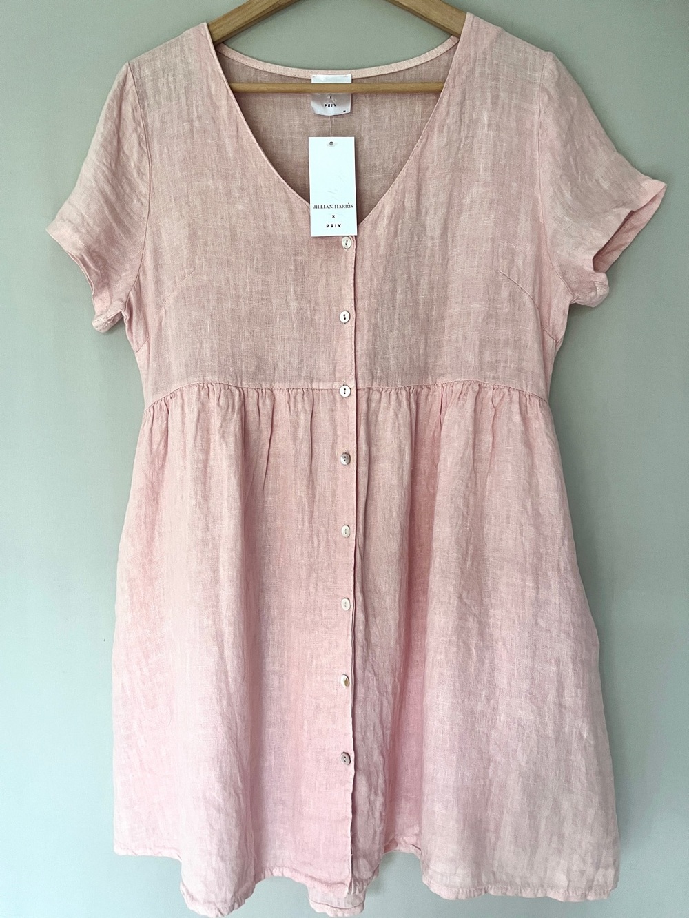 Jillian Harris x PRIV Hampton 100% Linen Mini Dress Blush Pink, Pockets NWT M